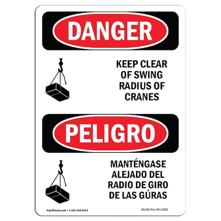 OSHA Danger, Keep Clear Swing Radius Cranes Bilingual, 7in X 5in Decal